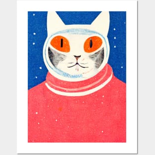 Astronaut Cat Portrait Retro Poster Vintage Art Astronaut Wall Space Pink Illustration Posters and Art